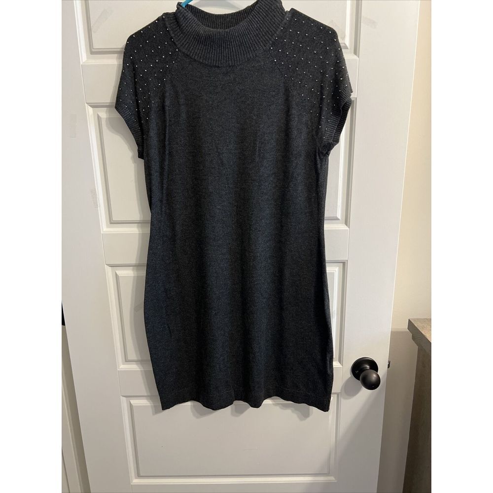Apt 9 Lightweight Knit Sweater Dress‎ w/Jewel Short Sleeve Size L Gray Knee Work